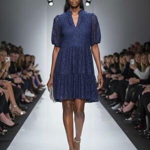 Stunning CeCe Navy Blue Lace V-Neck Puff Sleeve Mini Dress